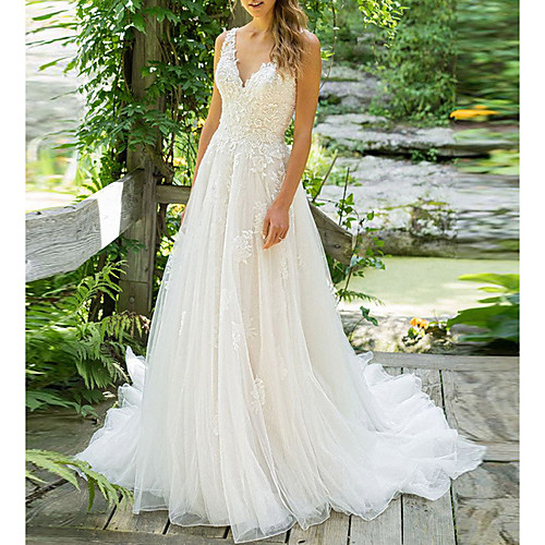A-Line V Neck Court Train Tulle Spaghetti Strap Beach Illusion Detail / Backless Wedding Dresses with Appliques 2020
A-Line V Neck Court Train Tulle Spaghetti Strap Beach Illusion Detail / Backless Wedding Dresses with Appliques 2020
