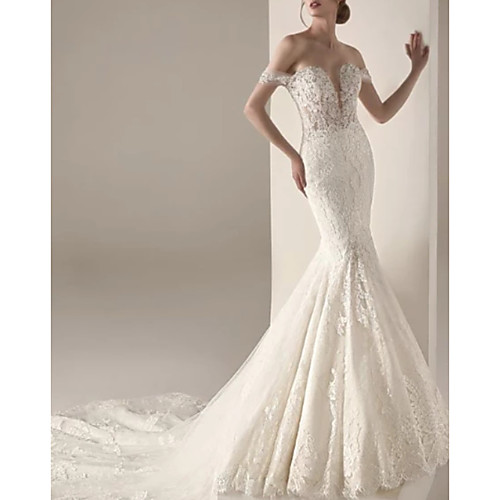Mermaid / Trumpet Off Shoulder Court Train Lace Cap Sleeve Made-To-Measure Wedding Dresses with 2020
Mermaid / Trumpet Off Shoulder Court Train Lace Cap Sleeve Made-To-Measure Wedding Dresses with 2020