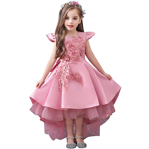 

Ball Gown / Princess Asymmetrical Flower Girl Dress - Poly&Cotton Blend Short Sleeve Jewel Neck with Appliques / Bow(s) / Embroidery