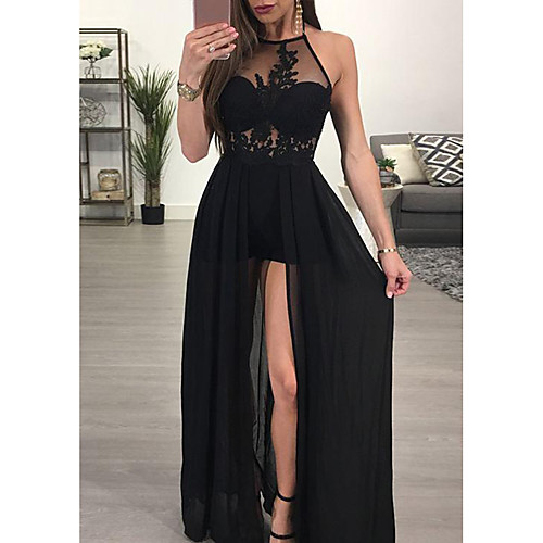 

A-Line Halter Neck Floor Length Chiffon / Lace Prom / Formal Evening Dress with Side Draping / Split Front by LAN TING Express