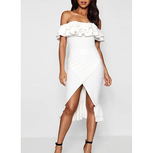

Sheath / Column Off Shoulder Asymmetrical Satin Cocktail Party Dress with Split Front / Cascading Ruffles by LAN TING Express