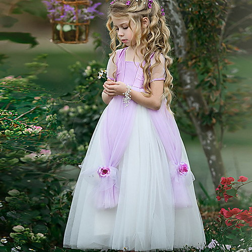 

Princess Floor Length Flower Girl Dress - Polyester Short Sleeve Scoop Neck with Splicing