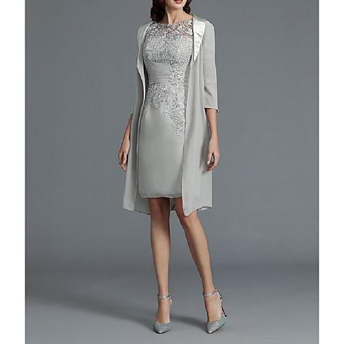 

Sheath / Column / Two Piece Jewel Neck Knee Length Chiffon 3/4 Length Sleeve Wrap Included Mother of the Bride Dress with Lace / Sash / Ribbon / Crystal Brooch 2020