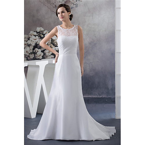 

Sheath / Column Jewel Neck Court Train Lace / Satin / Taffeta Regular Straps Made-To-Measure Wedding Dresses with Lace Insert 2020