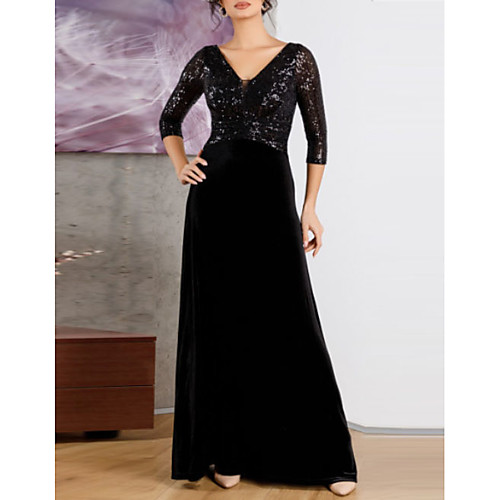 

A-Line Plunging Neck Floor Length Velvet Formal Evening Dress with Sequin by LAN TING Express