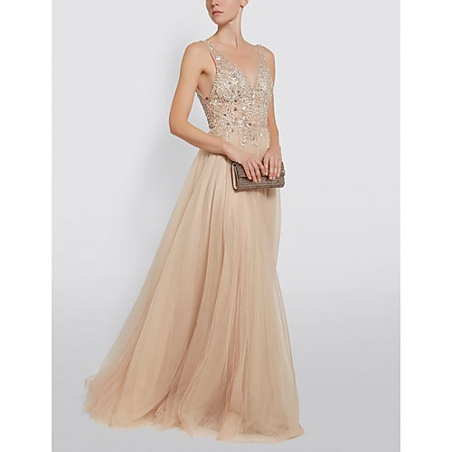 

A-Line Plunging Neck Floor Length Tulle Open Back Prom Dress with Beading by LAN TING Express