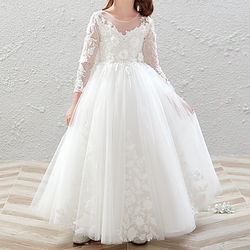 Ball Gown Floor Length Flower Girl Dress - Polyester Long Sleeve Jewel Neck with Appliques
Ball Gown Floor Length Flower Girl Dress - Polyester Long Sleeve Jewel Neck with Appliques