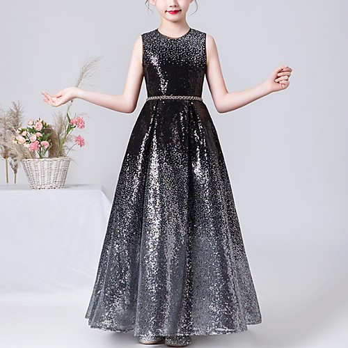 

A-Line Jewel Neck Floor Length Sequined Junior Bridesmaid Dress with Sash / Ribbon