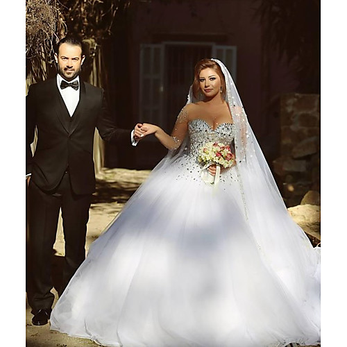 

Ball Gown Jewel Neck Court Train Satin / Tulle Long Sleeve See-Through Wedding Dresses with Crystals / Beading 2020 / Bell Sleeve / Sparkle & Shine