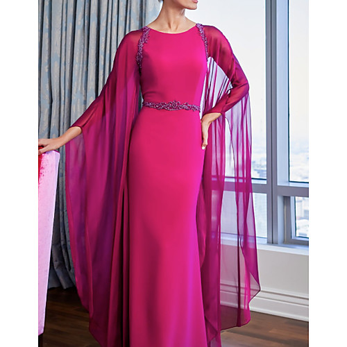

Sheath / Column Jewel Neck Floor Length Chiffon / Charmeuse Long Sleeve Plus Size Mother of the Bride Dress with Ruching Mother's Day 2020