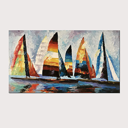 

Hand Painted Abstract Knife Oil Painting Colorful Boats on Canvas with Stretched Frame for Home Decor Ready to Hang
