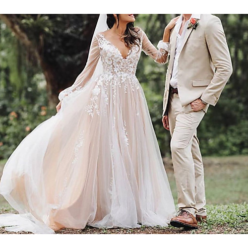 A-Line V Neck Court Train Polyester / Lace / Tulle Long Sleeve Formal / Boho Plus Size / Illusion Sleeve Wedding Dresses with Lace Insert / Appliques 2020
A-Line V Neck Court Train Polyester / Lace / Tulle Long Sleeve Formal / Boho Plus Size / Illusion Sleeve Wedding Dresses with Lace Insert / Appliques 2020