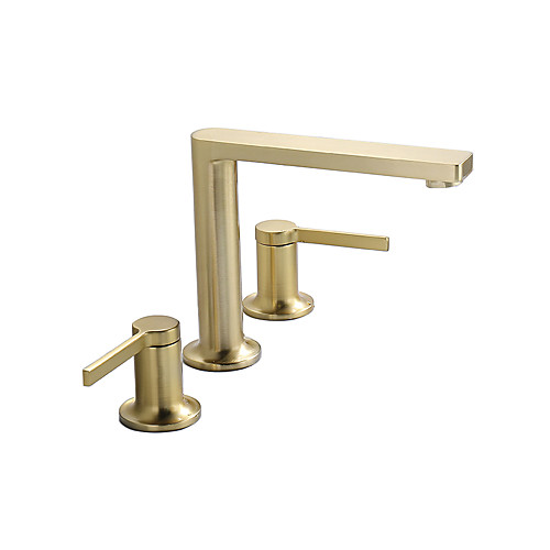 

Bathroom Sink Faucet - Brushed Gold Copper Widespread Three Hole Dual Handle Lever Deck Mounted Basin Faucet Hot And Cold Washbasin Wash Room Cabinet Vanity Vessel Sink Hot And Cold Water Mixer Tap