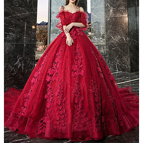 Ball Gown Off Shoulder Watteau Train Lace / Tulle Half Sleeve Formal / Romantic / Glamorous Plus Size / Red Wedding Dresses with Lace / Lace Insert / Appliques 2020
Ball Gown Off Shoulder Watteau Train Lace / Tulle Half Sleeve Formal / Romantic / Glamorous Plus Size / Red Wedding Dresses with Lace / Lace Insert / Appliques 2020
