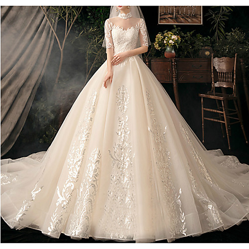 Ball Gown Sweetheart Neckline Watteau Train Lace / Tulle Short Sleeve Formal Elegant / Illusion Sleeve Wedding Dresses with Lace Insert 2020
Ball Gown Sweetheart Neckline Watteau Train Lace / Tulle Short Sleeve Formal Elegant / Illusion Sleeve Wedding Dresses with Lace Insert 2020