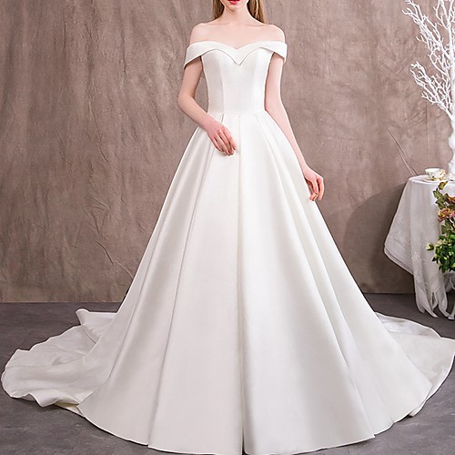 A-Line Off Shoulder Sweep / Brush Train Satin Cap Sleeve Vintage Wedding Dresses with Draping 2020
A-Line Off Shoulder Sweep / Brush Train Satin Cap Sleeve Vintage Wedding Dresses with Draping 2020