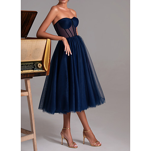 A-Line Sweetheart Neckline Tea Length Polyester Sexy / Blue Cocktail Party / Prom Dress with Pleats 2020
A-Line Sweetheart Neckline Tea Length Polyester Sexy / Blue Cocktail Party / Prom Dress with Pleats 2020