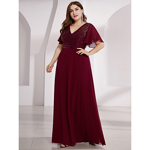 Sheath / Column V Neck Floor Length Chiffon Short Sleeve Elegant / Plus Size Mother of the Bride Dress with Sequin Mother's Day 2020
Sheath / Column V Neck Floor Length Chiffon Short Sleeve Elegant / Plus Size Mother of the Bride Dress with Sequin Mother's Day 2020