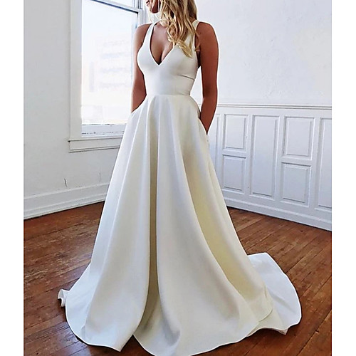 A-Line Plunging Neck Sweep / Brush Train Stretch Satin Sleeveless Sexy Plus Size Wedding Dresses with Bow(s) / Draping 2020
A-Line Plunging Neck Sweep / Brush Train Stretch Satin Sleeveless Sexy Plus Size Wedding Dresses with Bow(s) / Draping 2020
