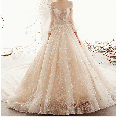 A-Line Jewel Neck Watteau Train Lace / Tulle 3/4 Length Sleeve Formal Wedding Dresses with 2020
A-Line Jewel Neck Watteau Train Lace / Tulle 3/4 Length Sleeve Formal Wedding Dresses with 2020