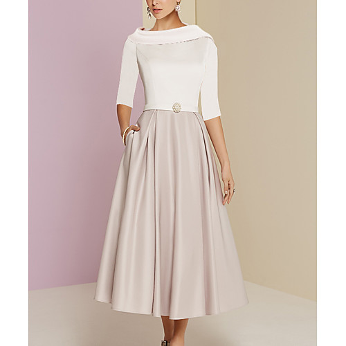 

A-Line Jewel Neck Tea Length Charmeuse Half Sleeve Elegant Mother of the Bride Dress with Pleats Mother's Day 2020