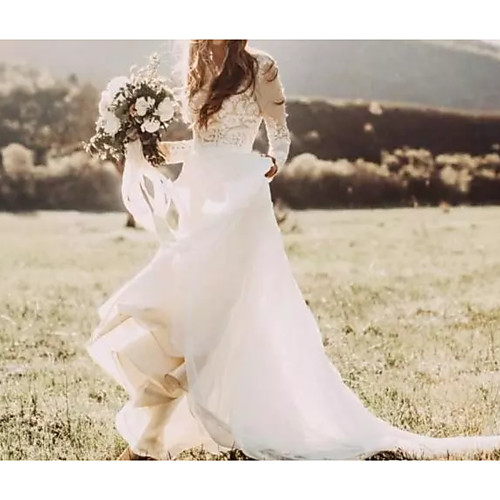 A-Line Jewel Neck Court Train Polyester Long Sleeve Country Plus Size Wedding Dresses with Lace Insert / Appliques 2020
A-Line Jewel Neck Court Train Polyester Long Sleeve Country Plus Size Wedding Dresses with Lace Insert / Appliques 2020