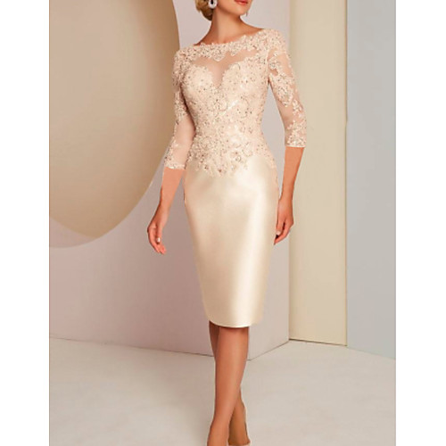 Sheath / Column Jewel Neck Knee Length Charmeuse 3/4 Length Sleeve Elegant Mother of the Bride Dress with Appliques Mother's Day 2020
Sheath / Column Jewel Neck Knee Length Charmeuse 3/4 Length Sleeve Elegant Mother of the Bride Dress with Appliques Mother's Day 2020