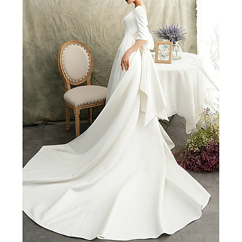 A-Line Bateau Neck Watteau Train Satin Half Sleeve Formal / Vintage Elegant Wedding Dresses with Bow(s) 2020
A-Line Bateau Neck Watteau Train Satin Half Sleeve Formal / Vintage Elegant Wedding Dresses with Bow(s) 2020