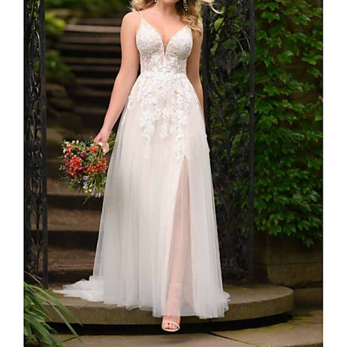 A-Line Spaghetti Strap Sweep / Brush Train Lace Sleeveless Boho Plus Size Wedding Dresses with Lace / Split Front 2020
A-Line Spaghetti Strap Sweep / Brush Train Lace Sleeveless Boho Plus Size Wedding Dresses with Lace / Split Front 2020