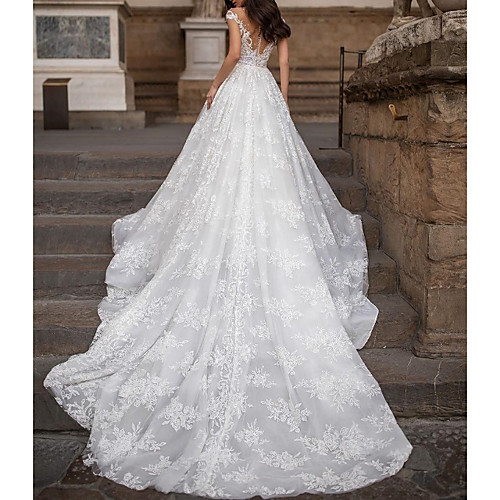 A-Line Jewel Neck Court Train Lace / Tulle Cap Sleeve Country Plus Size Wedding Dresses with Lace / Beading / Embroidery 2020
A-Line Jewel Neck Court Train Lace / Tulle Cap Sleeve Country Plus Size Wedding Dresses with Lace / Beading / Embroidery 2020