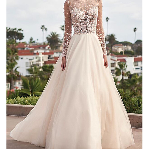 A-Line Jewel Neck Sweep / Brush Train Tulle Long Sleeve Country Plus Size Wedding Dresses with Pearls 2020
A-Line Jewel Neck Sweep / Brush Train Tulle Long Sleeve Country Plus Size Wedding Dresses with Pearls 2020