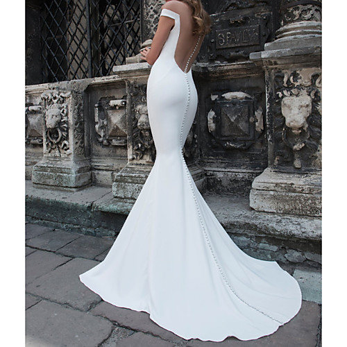 Mermaid / Trumpet Off Shoulder Sweep / Brush Train Tulle / Stretch Satin / Jersey Short Sleeve Country Plus Size Wedding Dresses with Buttons 2020
Mermaid / Trumpet Off Shoulder Sweep / Brush Train Tulle / Stretch Satin / Jersey Short Sleeve Country Plus Size Wedding Dresses with Buttons 2020
