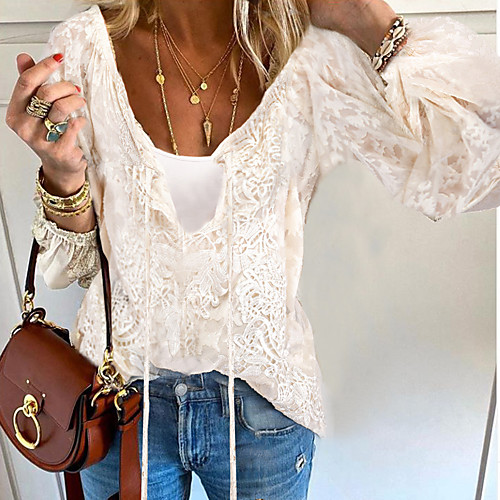 Women's Daily Lace T-shirt - Solid Colored Lace / Embroidery / Hollow Out V Neck Beige
Women's Daily Lace T-shirt - Solid Colored Lace / Embroidery / Hollow Out V Neck Beige
