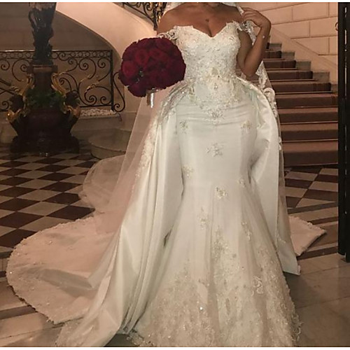 Mermaid / Trumpet Off Shoulder Court Train Polyester Cap Sleeve Country Plus Size Wedding Dresses with Lace Insert / Appliques 2020
Mermaid / Trumpet Off Shoulder Court Train Polyester Cap Sleeve Country Plus Size Wedding Dresses with Lace Insert / Appliques 2020