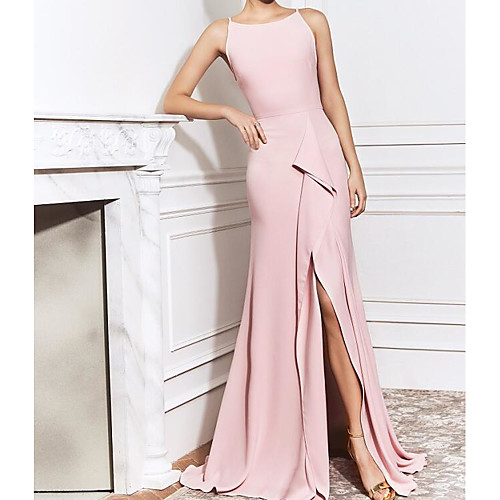 Sheath / Column Elegant Pink Wedding Guest Formal Evening Dress Boat Neck Sleeveless Sweep / Brush Train Polyester with Split 2020
Sheath / Column Elegant Pink Wedding Guest Formal Evening Dress Boat Neck Sleeveless Sweep / Brush Train Polyester with Split 2020