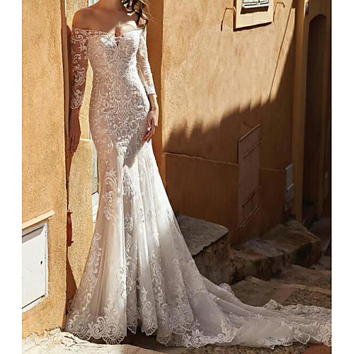 Mermaid / Trumpet Off Shoulder Sweep / Brush Train Lace / Tulle 3/4 Length Sleeve Country Plus Size Wedding Dresses with Embroidery 2020
Mermaid / Trumpet Off Shoulder Sweep / Brush Train Lace / Tulle 3/4 Length Sleeve Country Plus Size Wedding Dresses with Embroidery 2020