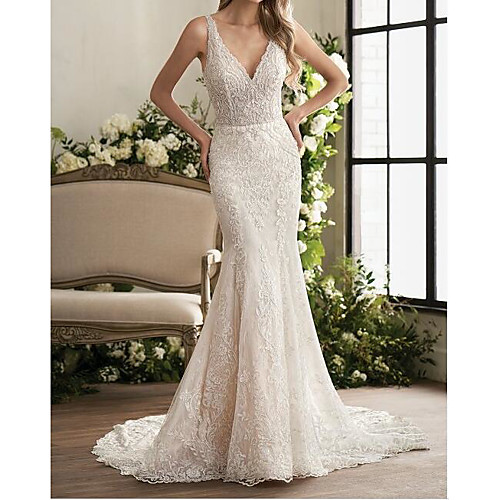 Mermaid / Trumpet V Neck Sweep / Brush Train Lace Sleeveless Country Plus Size Wedding Dresses with Lace / Embroidery 2020
Mermaid / Trumpet V Neck Sweep / Brush Train Lace Sleeveless Country Plus Size Wedding Dresses with Lace / Embroidery 2020