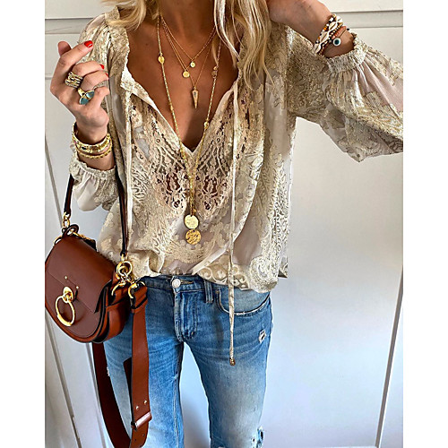 Women's Daily Lace T-shirt - Solid Colored Lace / Embroidery / Hollow Out V Neck Beige
Women's Daily Lace T-shirt - Solid Colored Lace / Embroidery / Hollow Out V Neck Beige