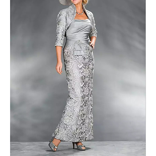 Sheath / Column Queen Anne Ankle Length Lace / Satin 3/4 Length Sleeve Elegant Mother of the Bride Dress with Beading / Appliques Mother's Day 2020 
Sheath / Column Queen Anne Ankle Length Lace / Satin 3/4 Length Sleeve Elegant Mother of the Bride Dress with Beading / Appliques Mother's Day 2020