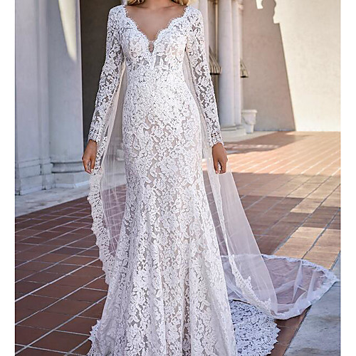 Mermaid / Trumpet V Neck Sweep / Brush Train Lace Long Sleeve Country Plus Size Wedding Dresses with Lace 2020
Mermaid / Trumpet V Neck Sweep / Brush Train Lace Long Sleeve Country Plus Size Wedding Dresses with Lace 2020