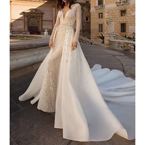 Sheath / Column Wedding Dresses V Neck Watteau Train Tulle Long Sleeve Country Plus Size with Beading Draping Appliques 2020
Sheath / Column Wedding Dresses V Neck Watteau Train Tulle Long Sleeve Country Plus Size with Beading Draping Appliques 2020