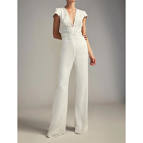 Jumpsuits Plunging Neck Floor Length Chiffon / Lace Cap Sleeve Country Plus Size Wedding Dresses with Embroidery 2020
Jumpsuits Plunging Neck Floor Length Chiffon / Lace Cap Sleeve Country Plus Size Wedding Dresses with Embroidery 2020