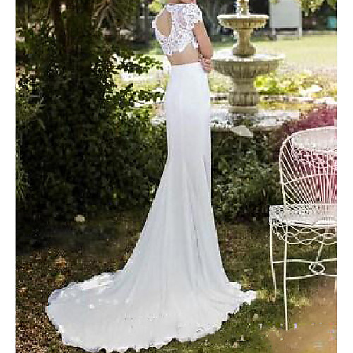 Two Piece Wedding Dresses High Neck Sweep / Brush Train Chiffon Lace Short Sleeve Country Sexy Plus Size with Lace Split Front 2020
Two Piece Wedding Dresses High Neck Sweep / Brush Train Chiffon Lace Short Sleeve Country Sexy Plus Size with Lace Split Front 2020