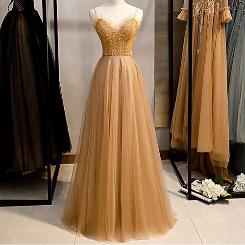A-Line Spaghetti Strap Floor Length Polyester Sparkle / Gold Engagement / Prom Dress with Beading 2020 
A-Line Spaghetti Strap Floor Length Polyester Sparkle / Gold Engagement / Prom Dress with Beading 2020