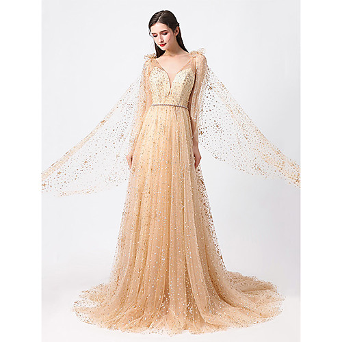 A-Line Luxurious Sparkle Engagement Formal Evening Dress V Neck 3/4 Length Sleeve Court Train Tulle with Pearls Sequin 2020
A-Line Luxurious Sparkle Engagement Formal Evening Dress V Neck 3/4 Length Sleeve Court Train Tulle with Pearls Sequin 2020