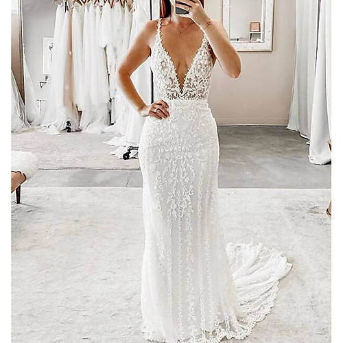 Mermaid / Trumpet Plunging Neck Sweep / Brush Train Polyester Sleeveless Country Plus Size Wedding Dresses with Embroidery 2020
Mermaid / Trumpet Plunging Neck Sweep / Brush Train Polyester Sleeveless Country Plus Size Wedding Dresses with Embroidery 2020