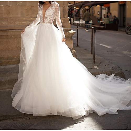 A-Line Plunging Neck Court Train Lace / Tulle Long Sleeve Country Plus Size Wedding Dresses with Lace / Embroidery 2020
A-Line Plunging Neck Court Train Lace / Tulle Long Sleeve Country Plus Size Wedding Dresses with Lace / Embroidery 2020