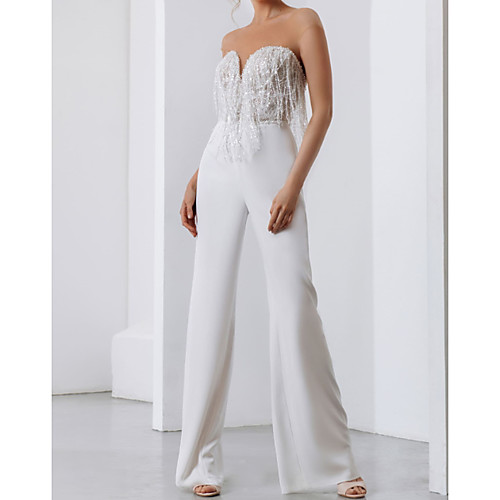 Jumpsuits Strapless Floor Length Polyester Cap Sleeve Country Plus Size Wedding Dresses with Crystals / Tassel 2020
Jumpsuits Strapless Floor Length Polyester Cap Sleeve Country Plus Size Wedding Dresses with Crystals / Tassel 2020