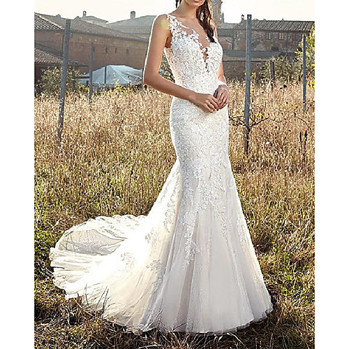 Mermaid / Trumpet V Neck Sweep / Brush Train Lace / Tulle / Chiffon Over Satin Sleeveless Country Plus Size Wedding Dresses with Lace / Embroidery 2020
Mermaid / Trumpet V Neck Sweep / Brush Train Lace / Tulle / Chiffon Over Satin Sleeveless Country Plus Size Wedding Dresses with Lace / Embroidery 2020