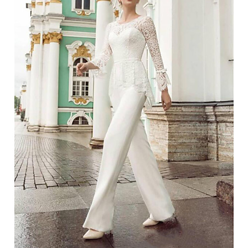 Two Piece / Jumpsuits Jewel Neck Floor Length Lace / Stretch Satin Long Sleeve Country Plus Size Wedding Dresses with Lace / Sashes / Ribbons / Bow(s) 2020
Two Piece / Jumpsuits Jewel Neck Floor Length Lace / Stretch Satin Long Sleeve Country Plus Size Wedding Dresses with Lace / Sashes / Ribbons / Bow(s) 2020